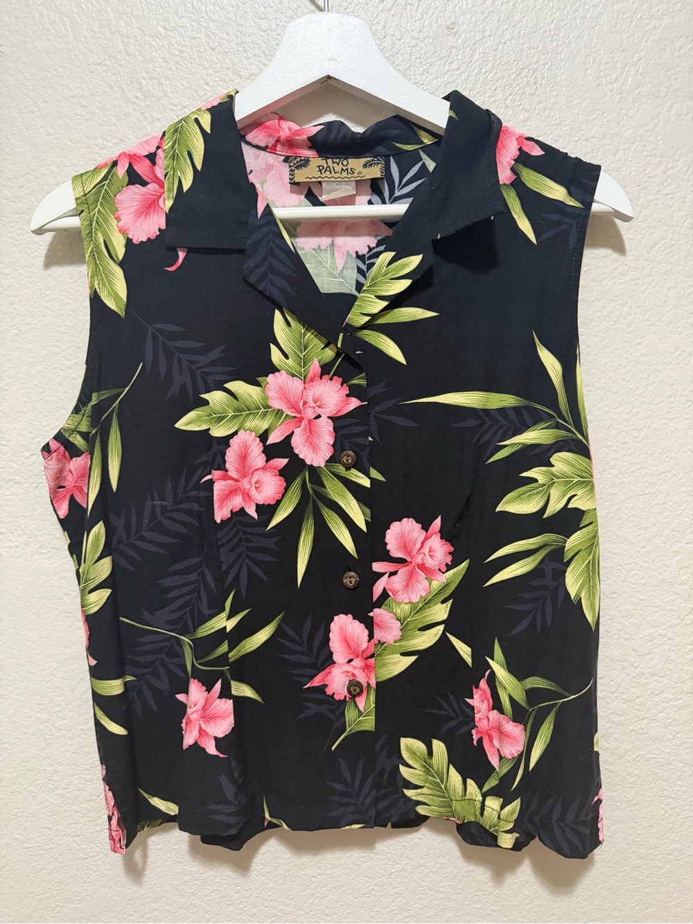 Vintage Two Palms Tropical Hawaiian Floral Button Front Blouse Size Medium
